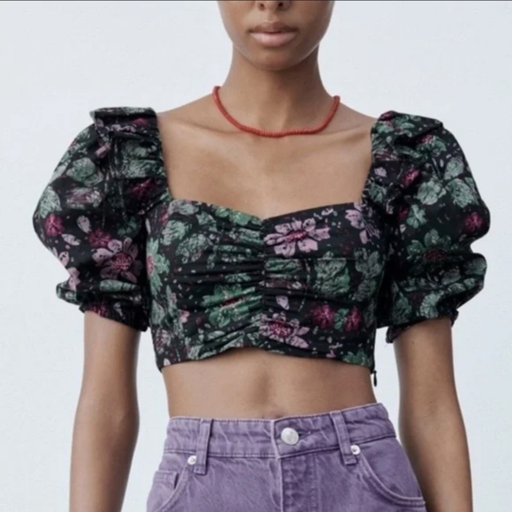 NWOT ZARA Floral Puff Sleeve Crop Top S